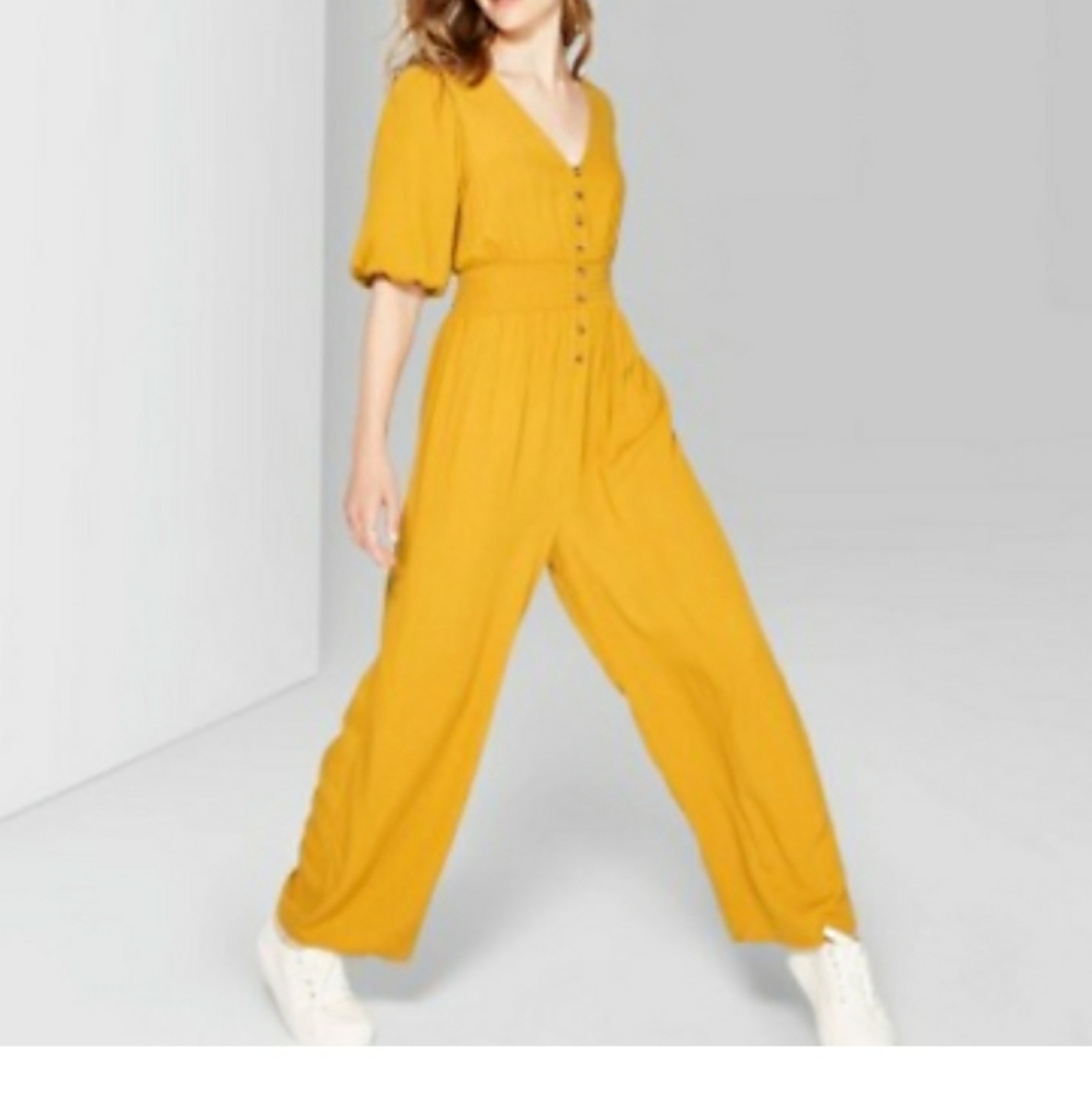 Wild Fable Gold Short Sleeve Button Up Jumpsuit